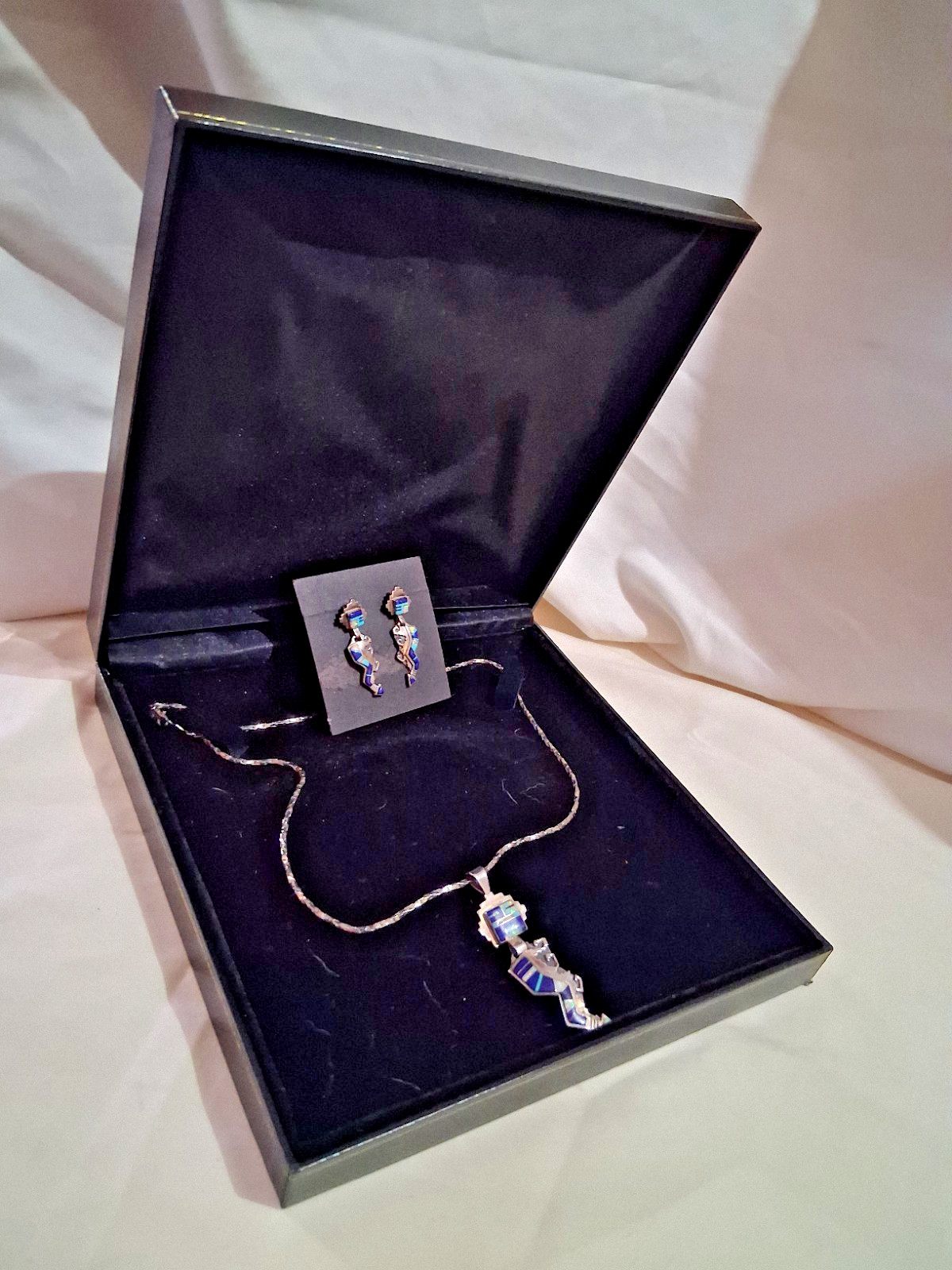 Vintage Zuni Navajo Sterling Silver Inlay Necklace Earrings Set CJ RB Signed