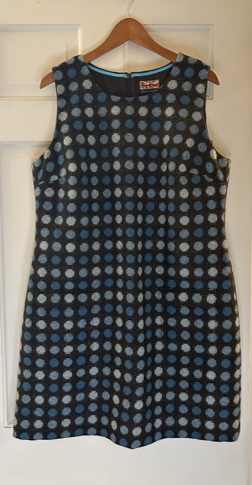 British Boden 60’s Blue Teal Polka Dot Wool Tweed Moon Shift Dress UK 18 US 14
