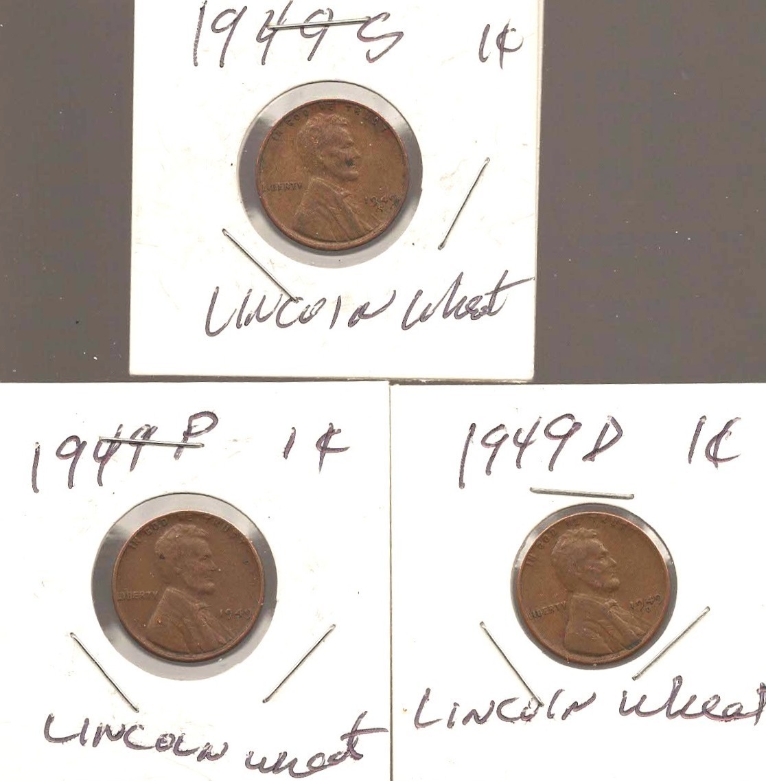 1949 P, D, and S Lincoln Wheat Penny Fine Coins 3 Cents Total Shipping combined