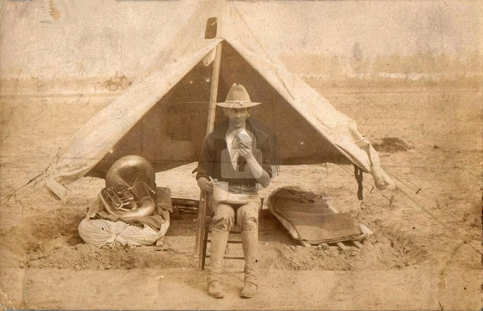 c1910\'s Camping Tent Tuba Military Band RPPC Photo Postcard COPY