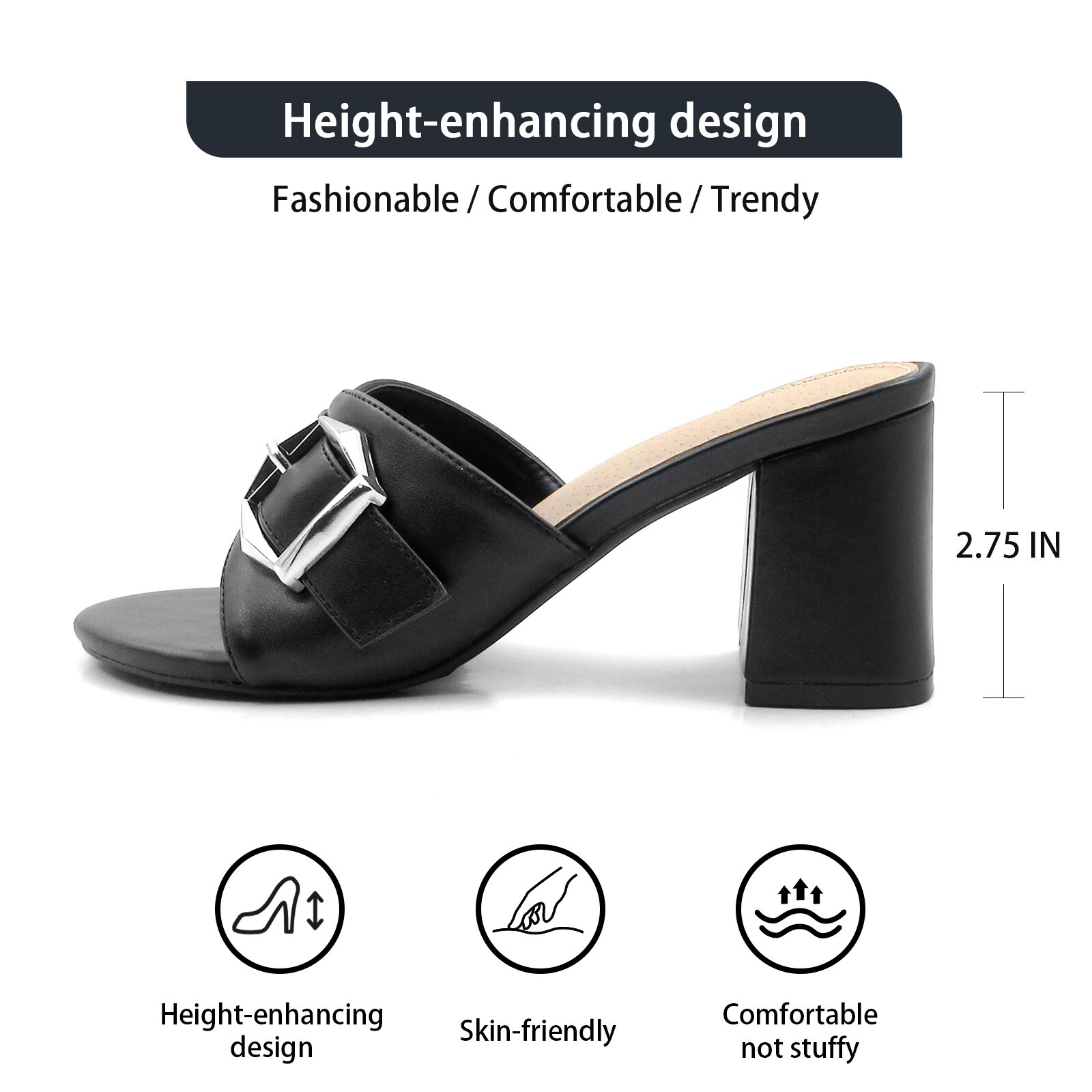 Lurnyet Women\'s Comfort Block Heel Slide Sandals Silver Buckle 2.75 Inch Heel Lurnyet Women\'s Comfort Block Heel Slide Sandals Silver Buckle 2.75 Inch Heel