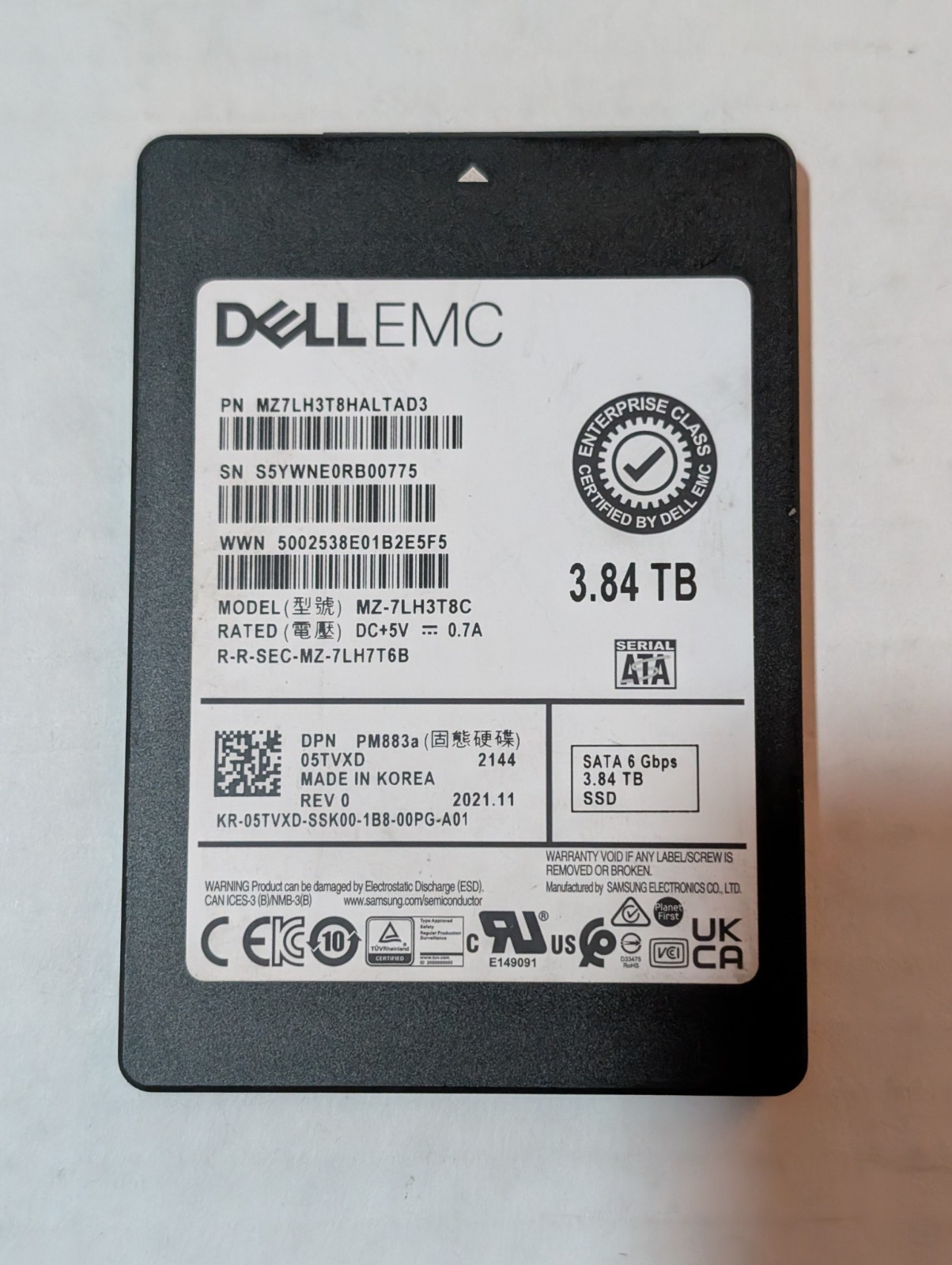 Dell/Samsung 3.84TB PM883a MZ7LH3T8HALTAD3 SATA 6Gb/s 3D TLC 1 DWPD 2.5