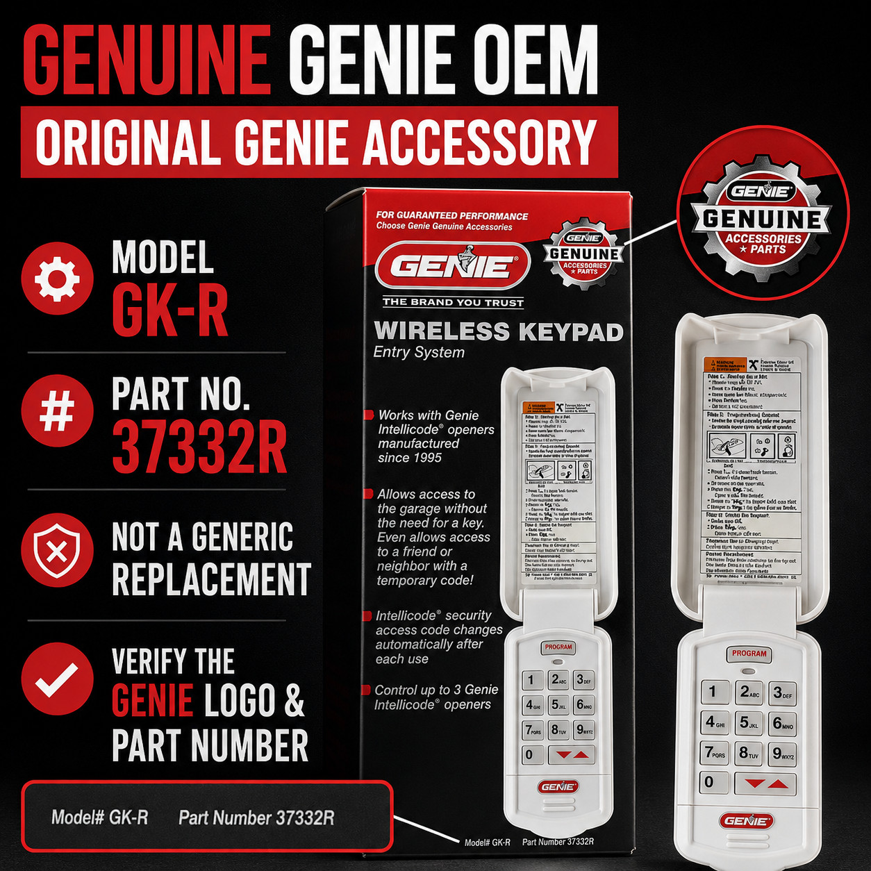 Genuine Genie GK-R Wireless Keypad Intellicode Garage Door Opener OEM 37332R