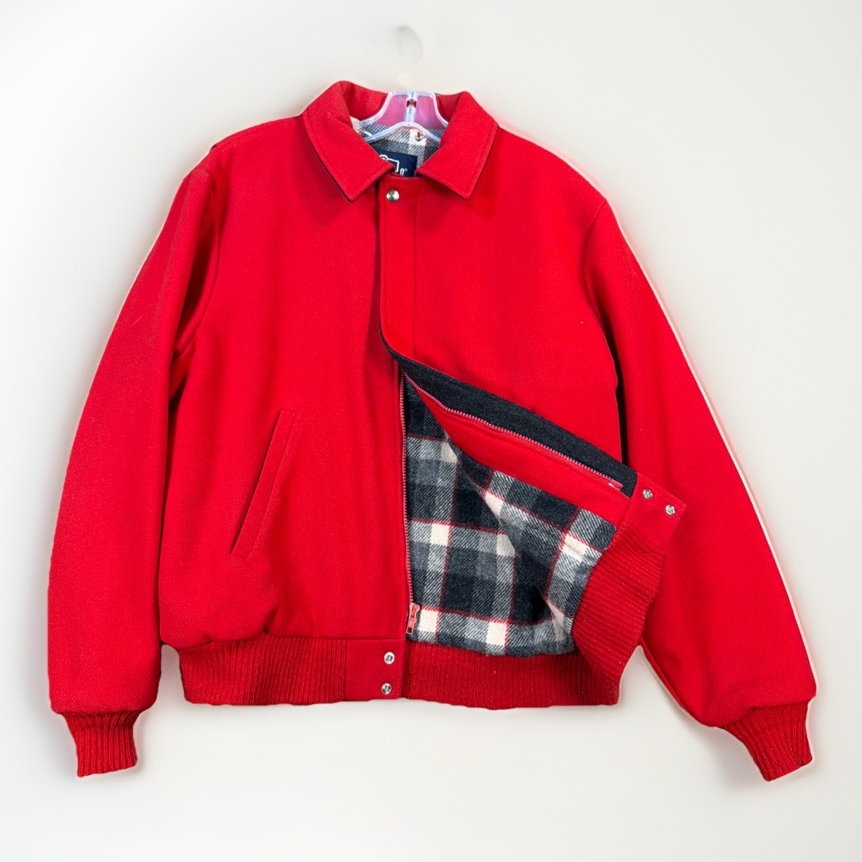 Men\'s Vintage Woolrich Bomber Lettermen\'s Jacket L Large RED Full Zip Lined Wool Men\'s Vintage Woolrich Bomber Lettermen\'s Jacket L Large RED Full Zip Lined Wool