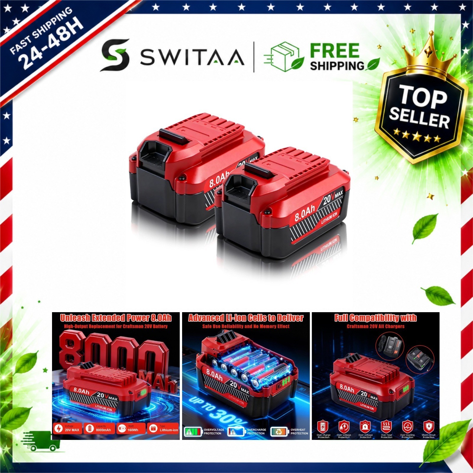 SANIU 20V 8.0Ah Battery Replacement for Craftsman V20 CMCB205 2-Pack