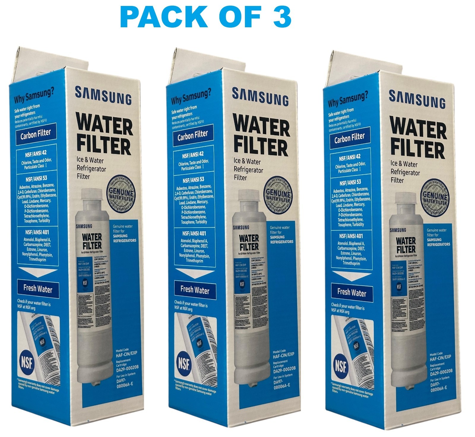 3 PACK NEW Genuine Samsung DA29-00020B HAF-CIN/EXP Refrigerator Water Filter