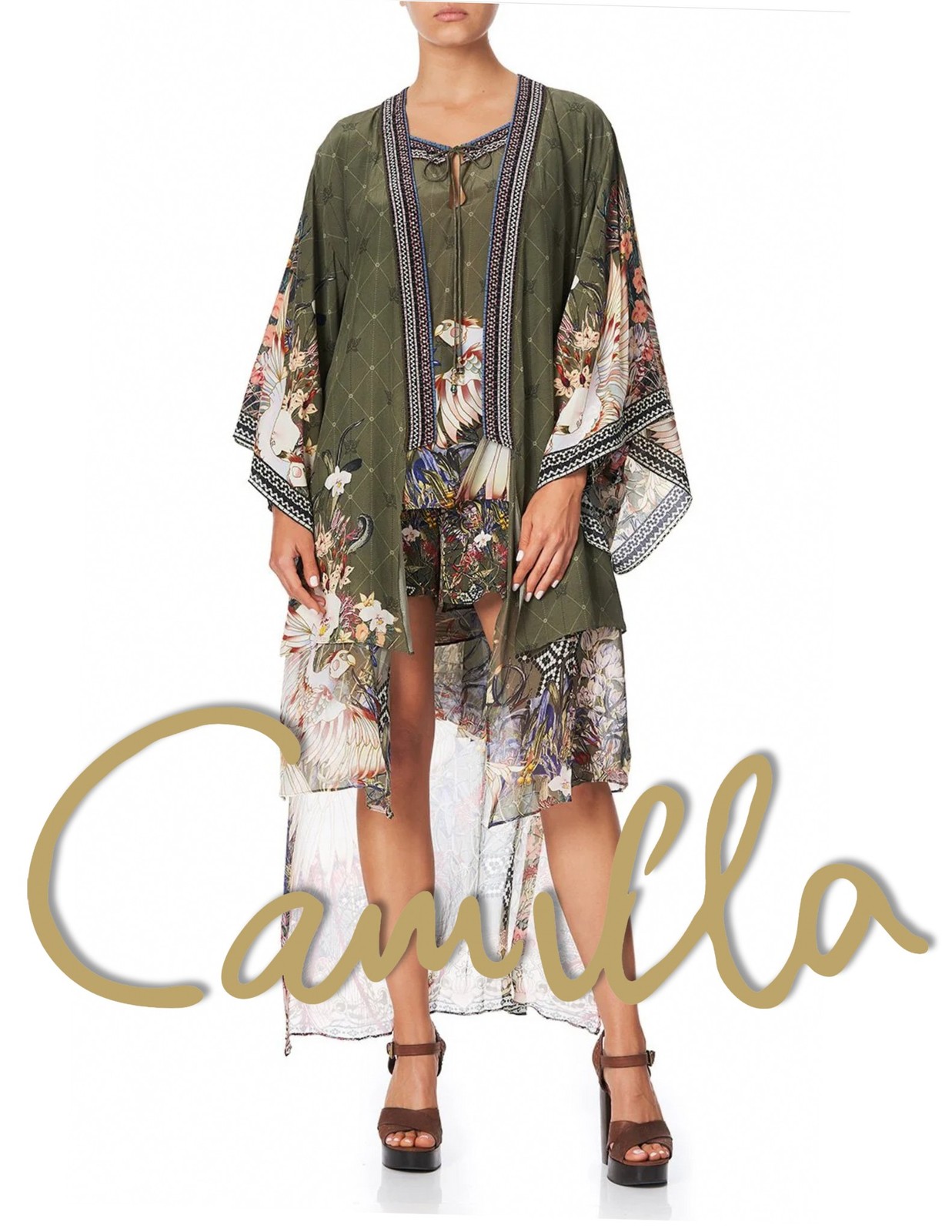 CAMILLA sz L Watchful Wings Printed Kimono Robe with Long Chiffon Underlayer
