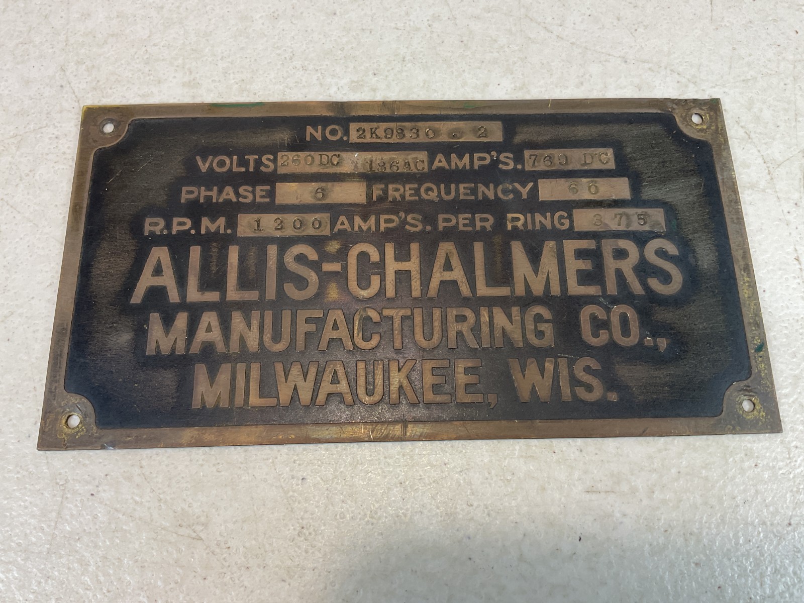 Vintage Brass Allis-Chalmers Machinery Plaque