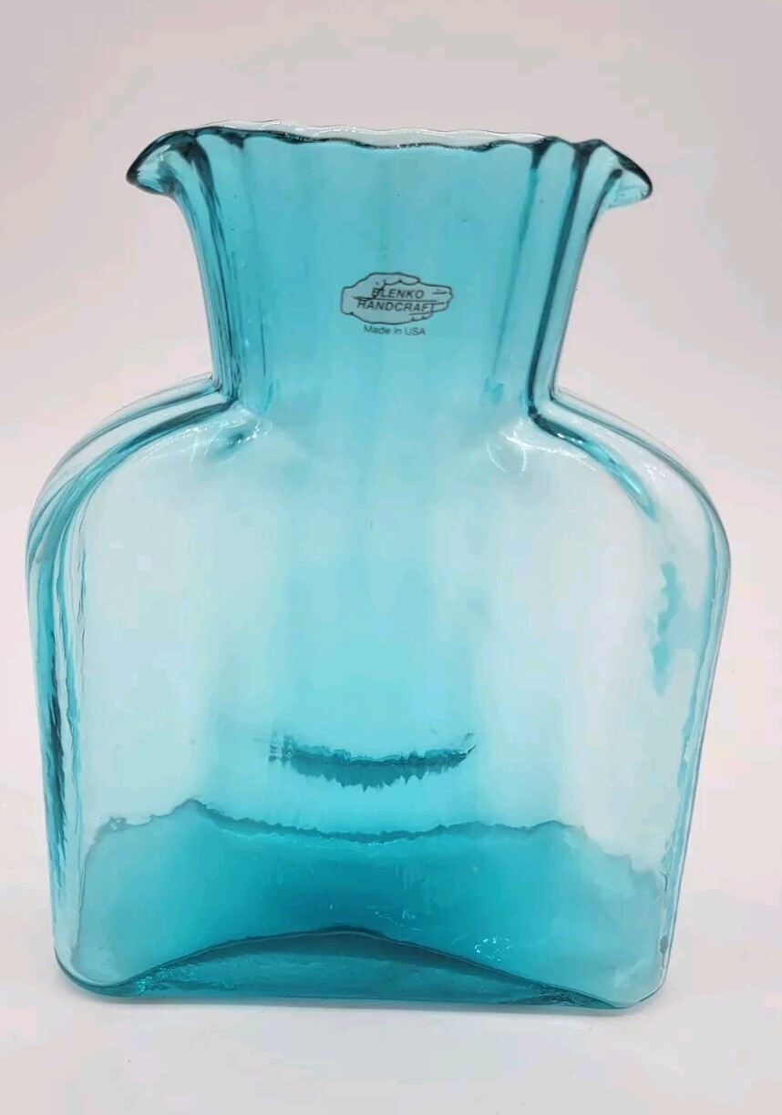 Blenko HTF Bermuda Blue Straight Optic 384 Water Bottle, Double Spout Pitcher 