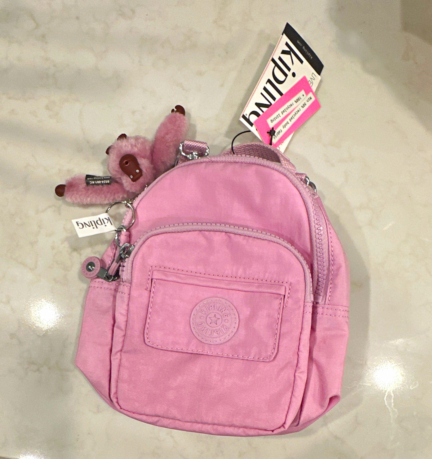Kipling Pink Mini Nylon Backpack Zip Top Handle Adjustable Strap Monkey Keychain Kipling Pink Mini Nylon Backpack Zip Top Handle Adjustable Strap Monkey Keychain