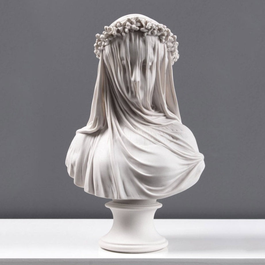 Veiled Lady Bust Sculpture (Veiled Maiden) - Solid Marble Cast (13.9in/35.5cm)