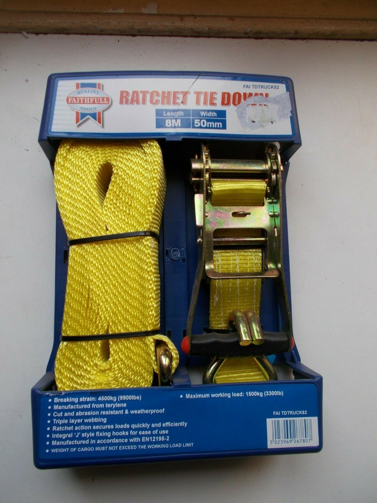 Faithfull Heavy Duty Ratchet Tie Down 8m x 50mm : FAI TDTRUCK82 4500Kg B/Strain