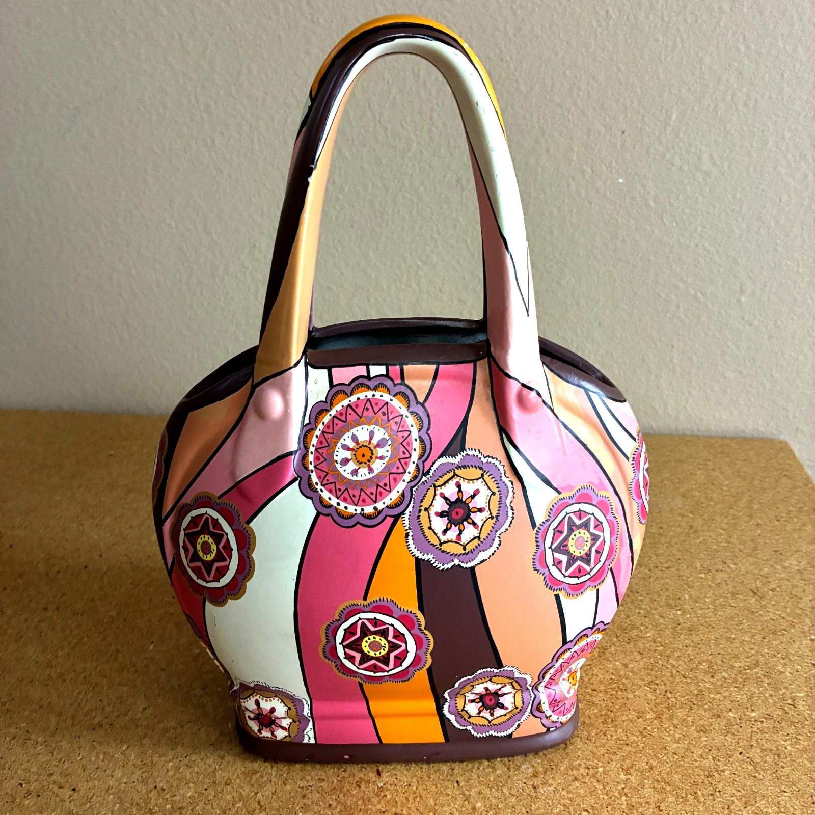 VTG Trompe L\'oeil Ceramic Purse Bold Retro Floral Swirl Pattern MCM Sculpture