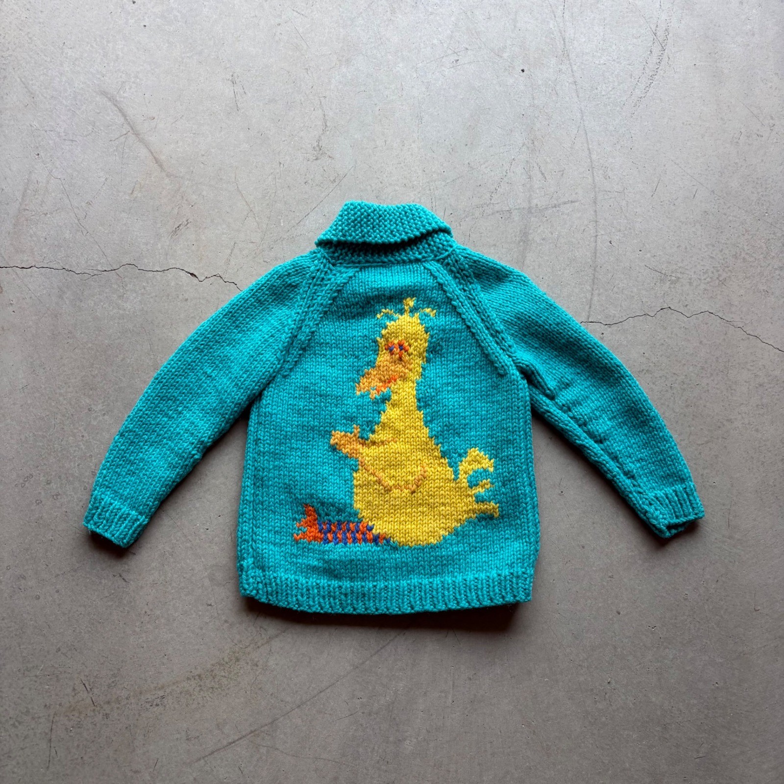 Vintage 70s Big Bird Sesame Street Hand Knit Zip Cardigan Sweater Teal Kids L Vintage 70s Big Bird Sesame Street Hand Knit Zip Cardigan Sweater Teal Kids L