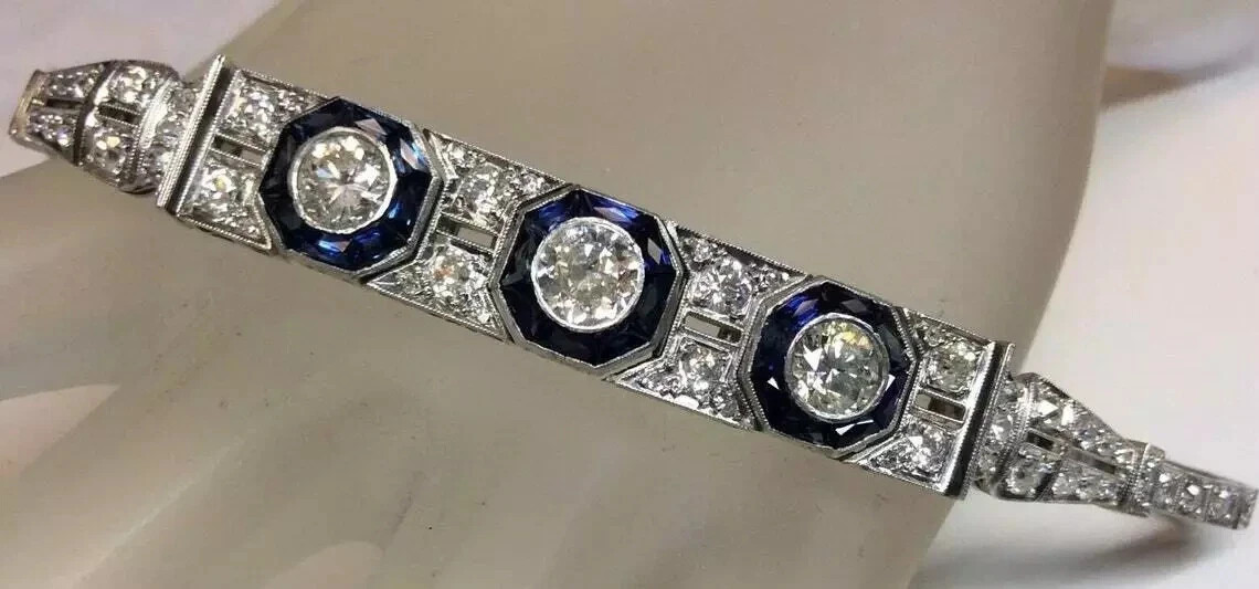 5Ct Art deco Style  Simulated  Sapphire & Diamond Tennis Bracelet 14k Gold Over