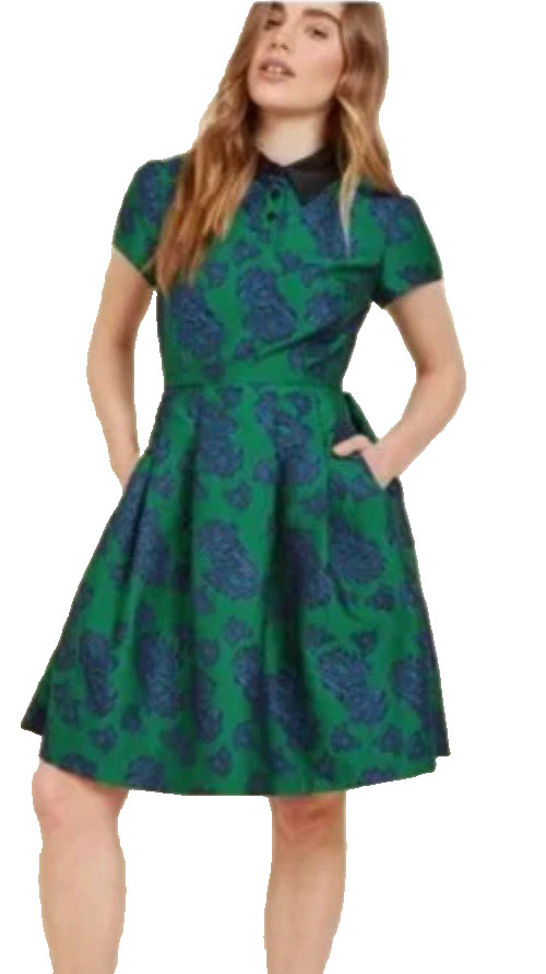 ModCloth retro Uniqueness on Offer Brocade fit Flare Dress Green Blue roses XS ModCloth retro Uniqueness on Offer Brocade fit Flare Dress Green Blue roses XS