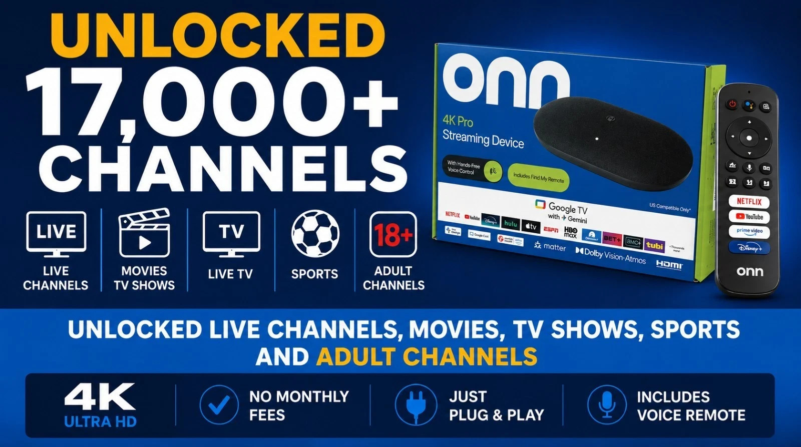 UNLOCKED onn. 4K Pro Streaming Device. Google Black Pro Device.