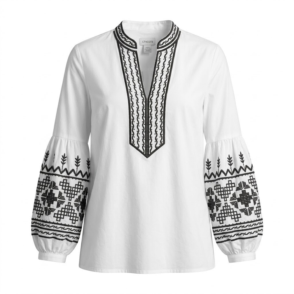 Chicos White Embroidered Beaded Peasant Blouse Size 1 US 8 Medium - AC