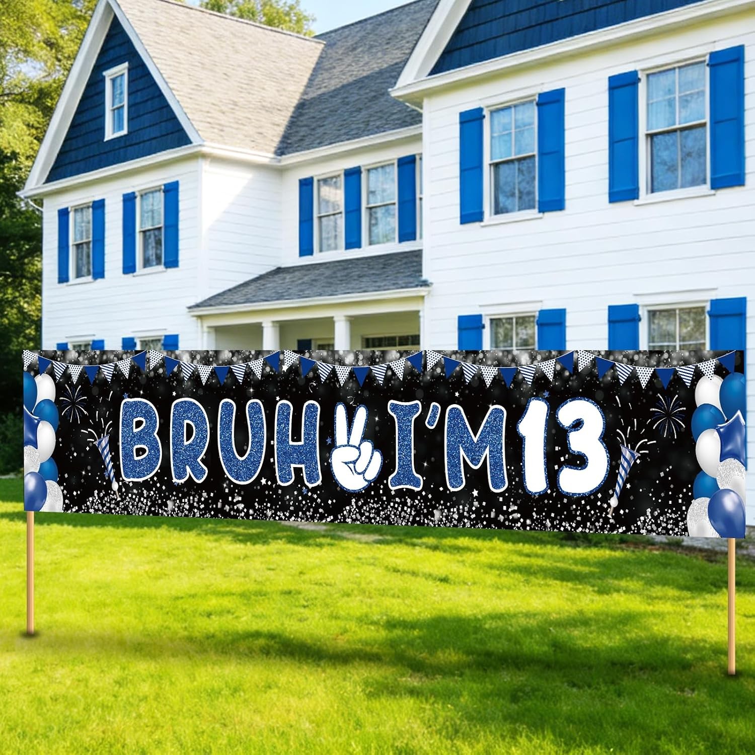 Blue Black 13th Birthday Yard Sign Banner Bruh I\'m 13 Party Decorations for Boys