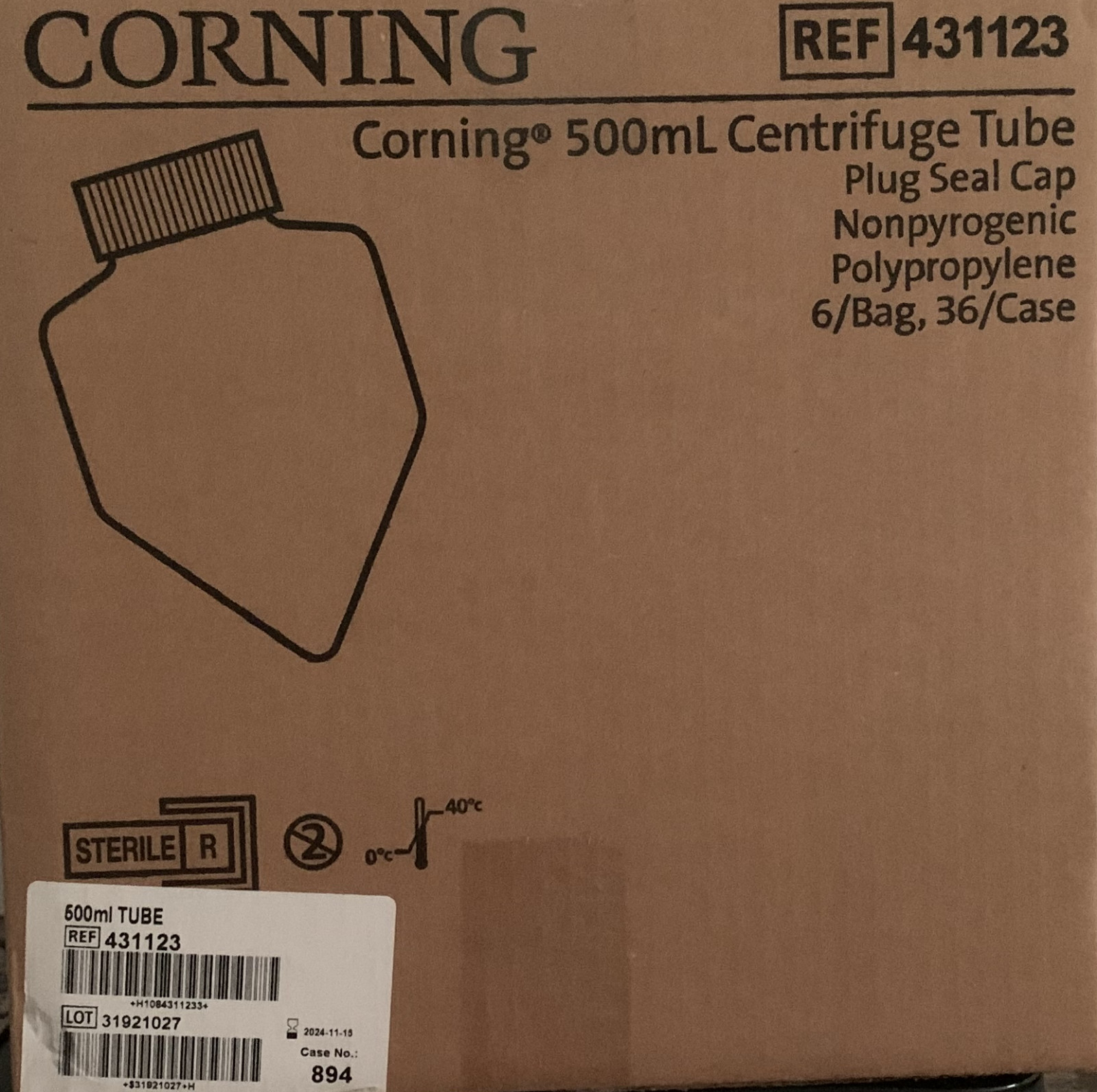(431123) CORNING 500mL PP Centrifuge Tubes w/ Plug Seal Cap Sterile Graduated