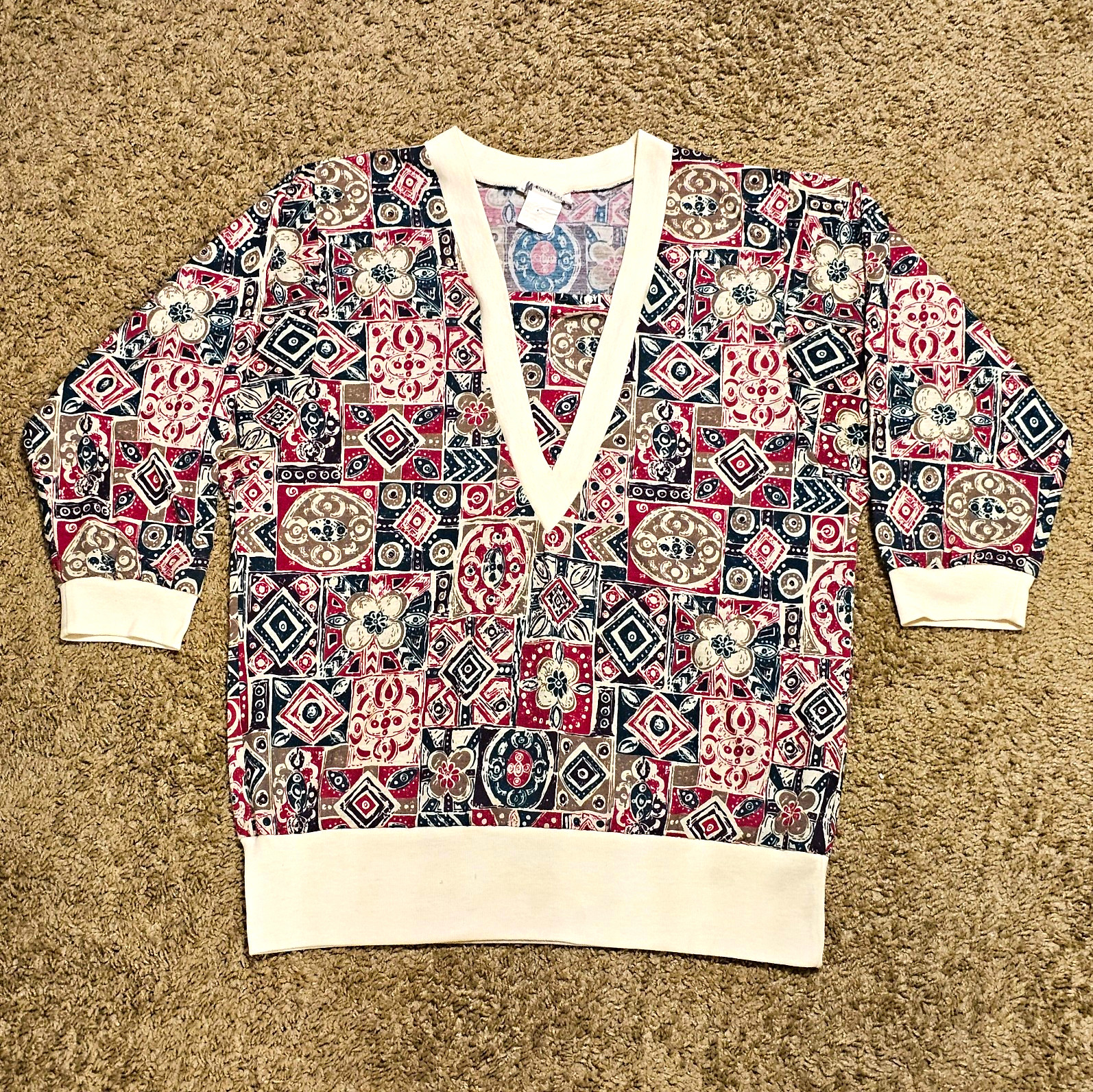 Vtg Donnkenny Womens Sz S Multicolor Geometric Knit V-Neck 3/4 Sleeve USA Made