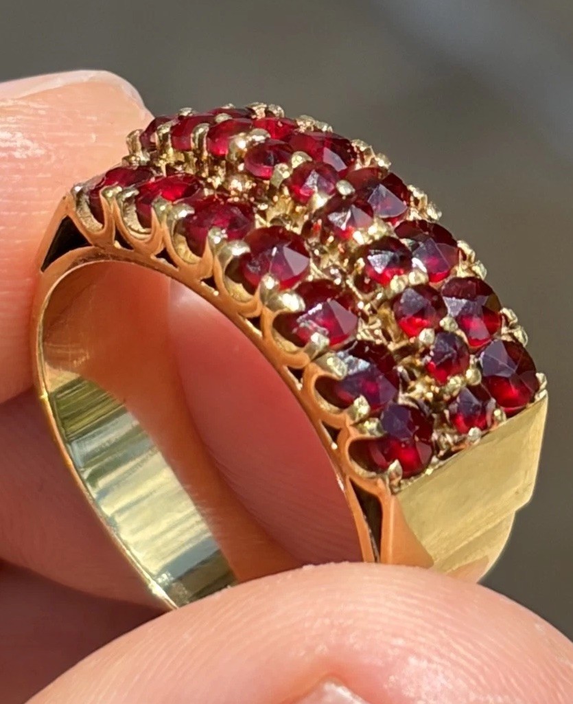 Vintage Garnet Ring 14K Czech Bohemian 24 Rose Cut Stones stamp 585 sz 8.25