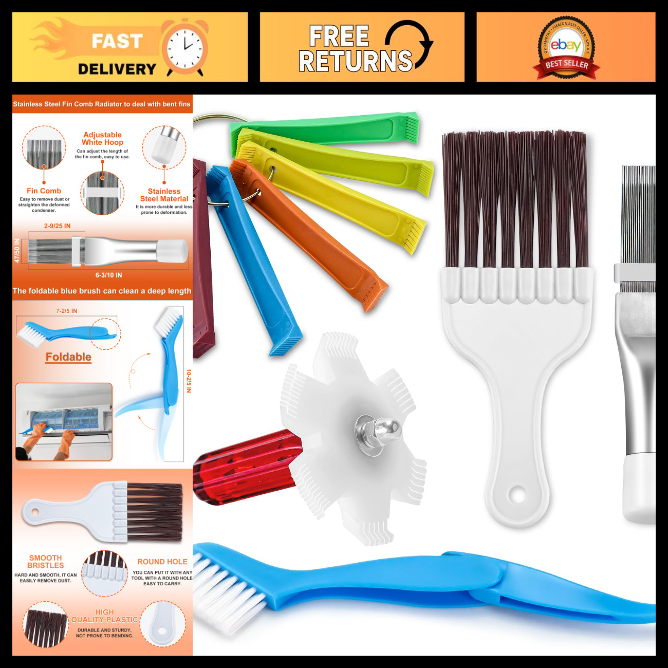 5PCS Air Conditioner Fin Comb Set - Metal & Plastic Radiator Clean Tools, Brushe