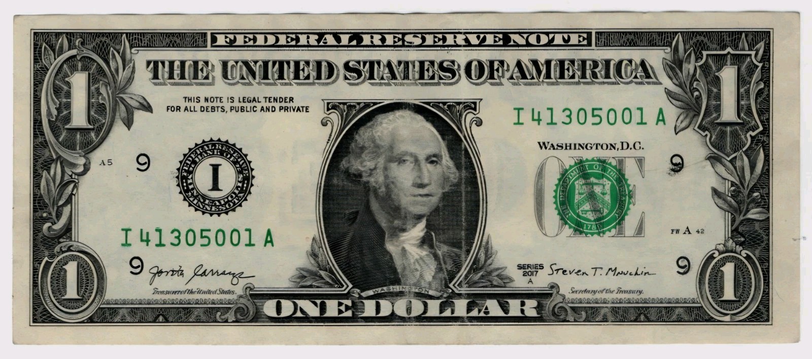 0790-Fancy Error $1 Bill-Heavy Black District  Number 9 Over Inking Smear Circ.