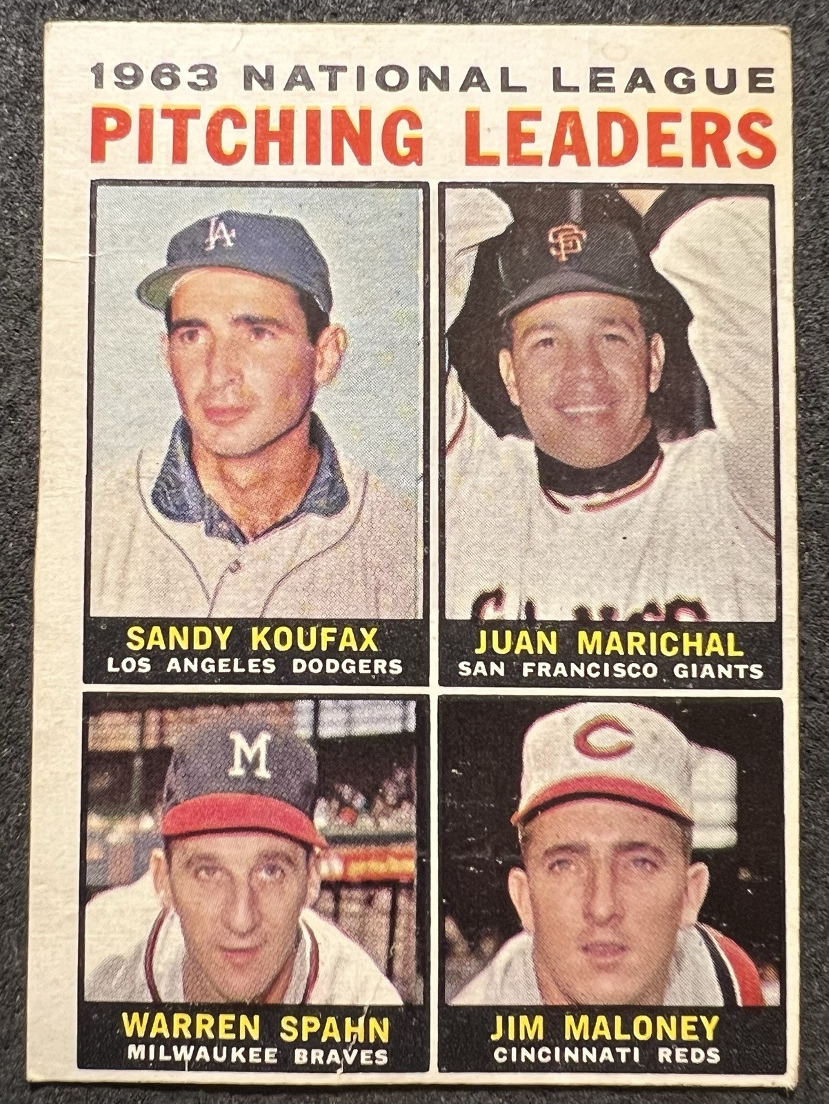 1964 TOPPS 1963 NL PITCHING LEADERS KOUFAX/MARICHAL/SPAHN #3 OC SCRATCH WRINKLE