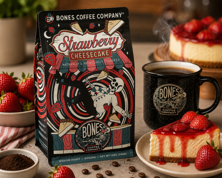 Bones Coffee Strawberry Cheesecake Flavored Coffee - Ground - Limited Edition