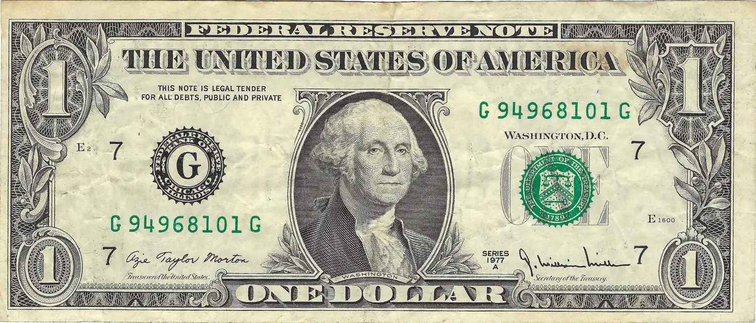 $1 1977-A Small Size Federal Reserve Note, Reverse Full Overprint Error $1 1977-A Small Size Federal Reserve Note, Reverse Full Overprint Error