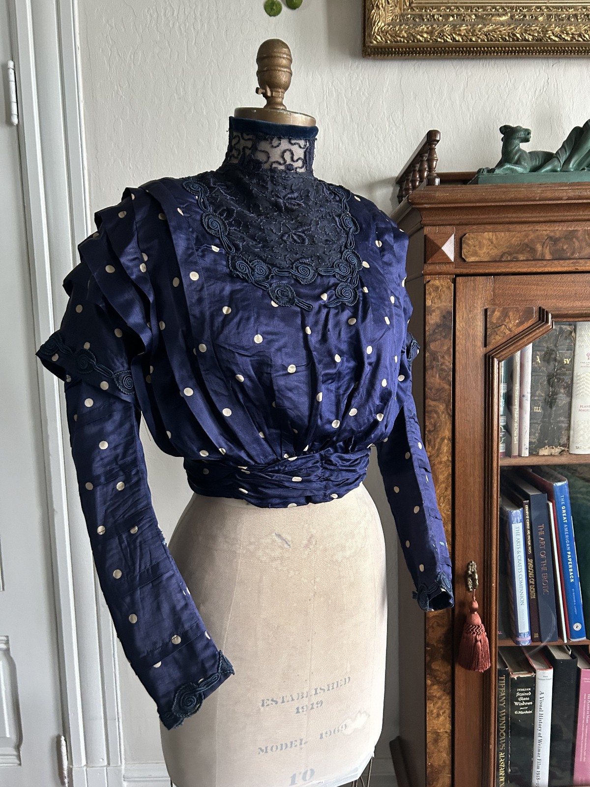Antique Victorian Bodice Blouse Top Rare Blue Silk Polkadot Lace High Neck 25w