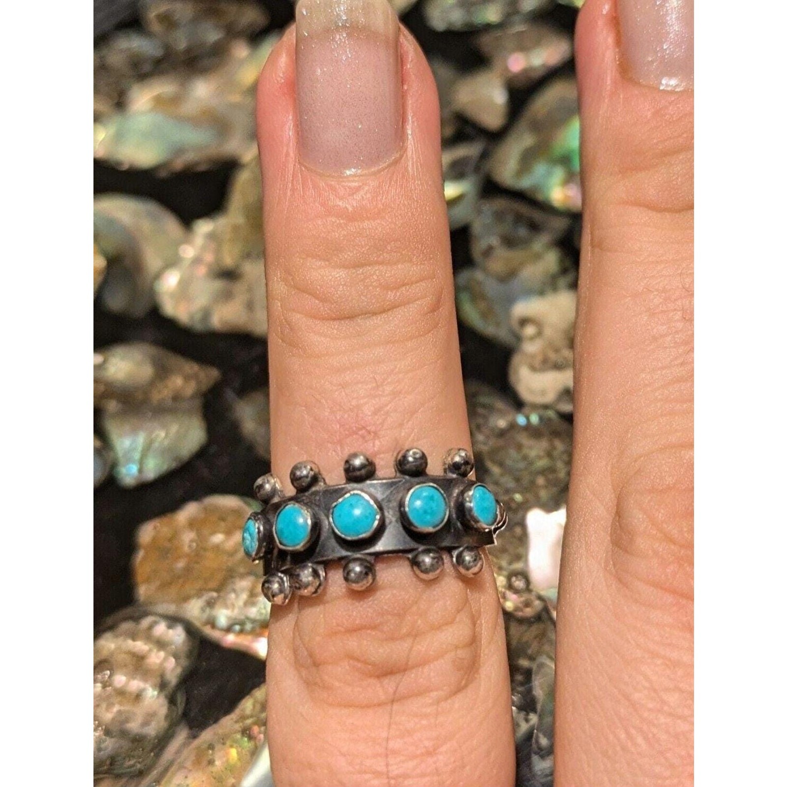Vintage 1970s Sterling Silver Turquoise Snake Eye Row Ring Size 7 Boho