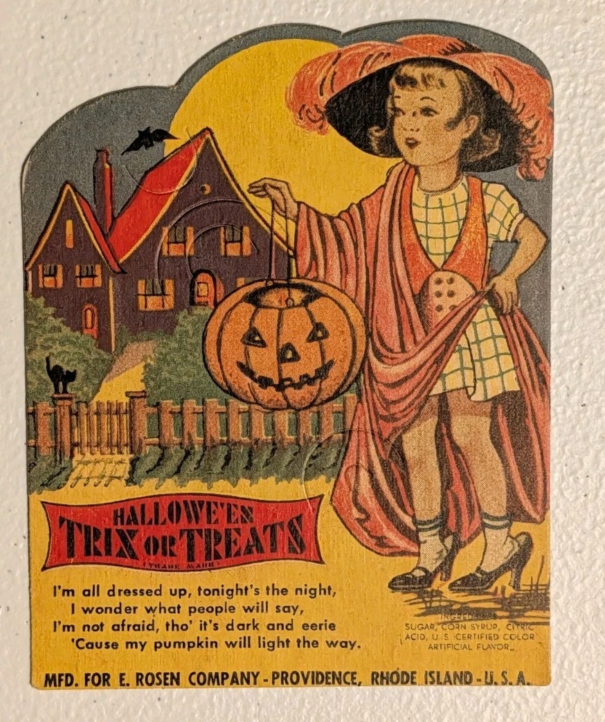 Vintage ROSEN HALLOWEEN Sucker Holder Girl JOL 50s Die Cut UNUSED FULL COLOR