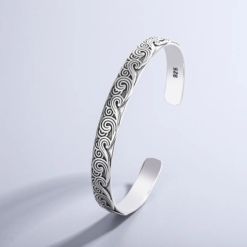Minimalist 925 Sterling Silver Wave Bracelet Fluid Open Cuff Bangle For Women