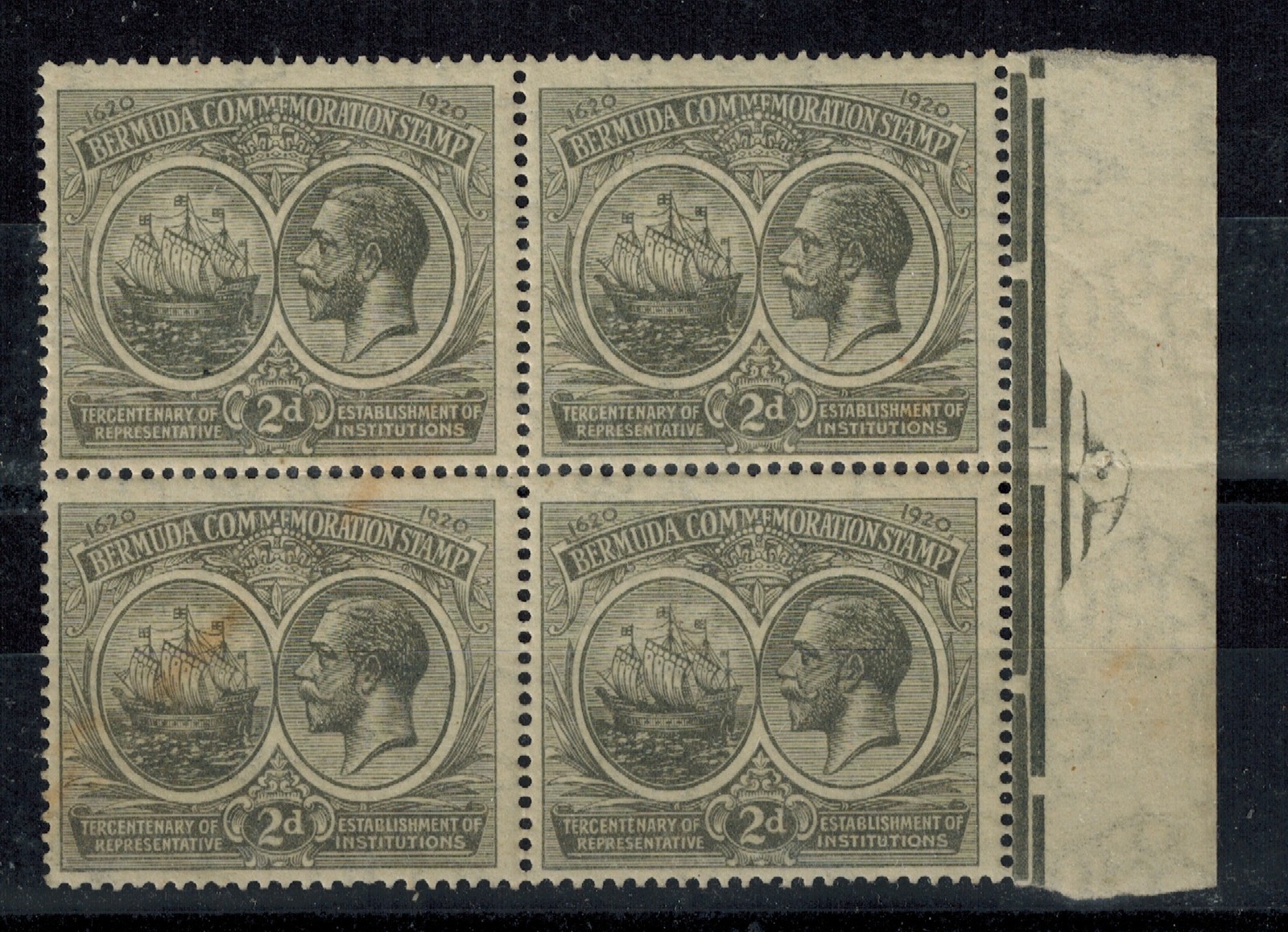 Bermuda 1920 Tercentenary SG 61 2d Gray Marginal Right Block of 4 MNH GEM