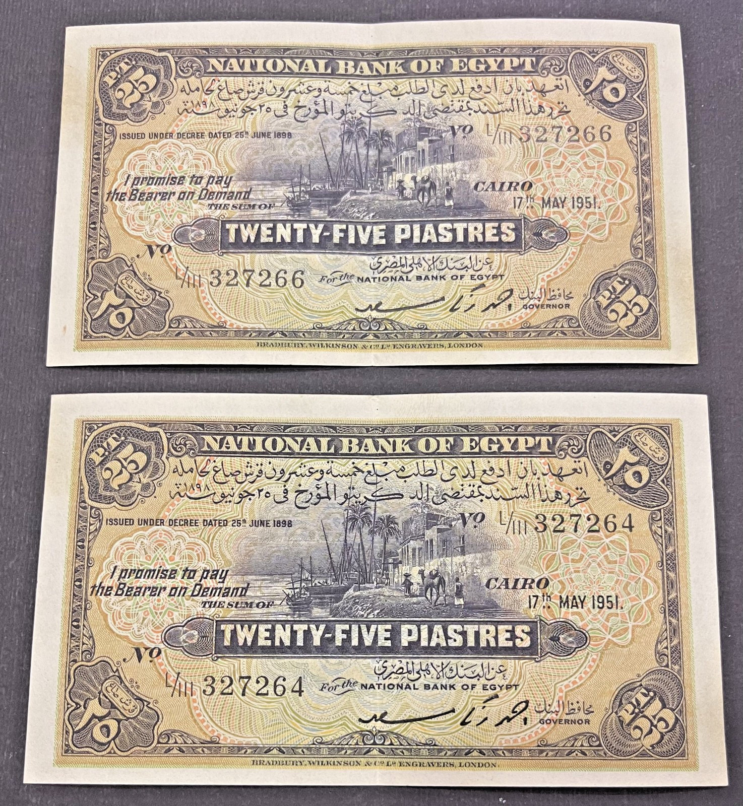 EGYPT 2X25 PIASTRES 1951 P-10e ALMOST CONSECUTIVES AU. /EF+ ....V.RARE