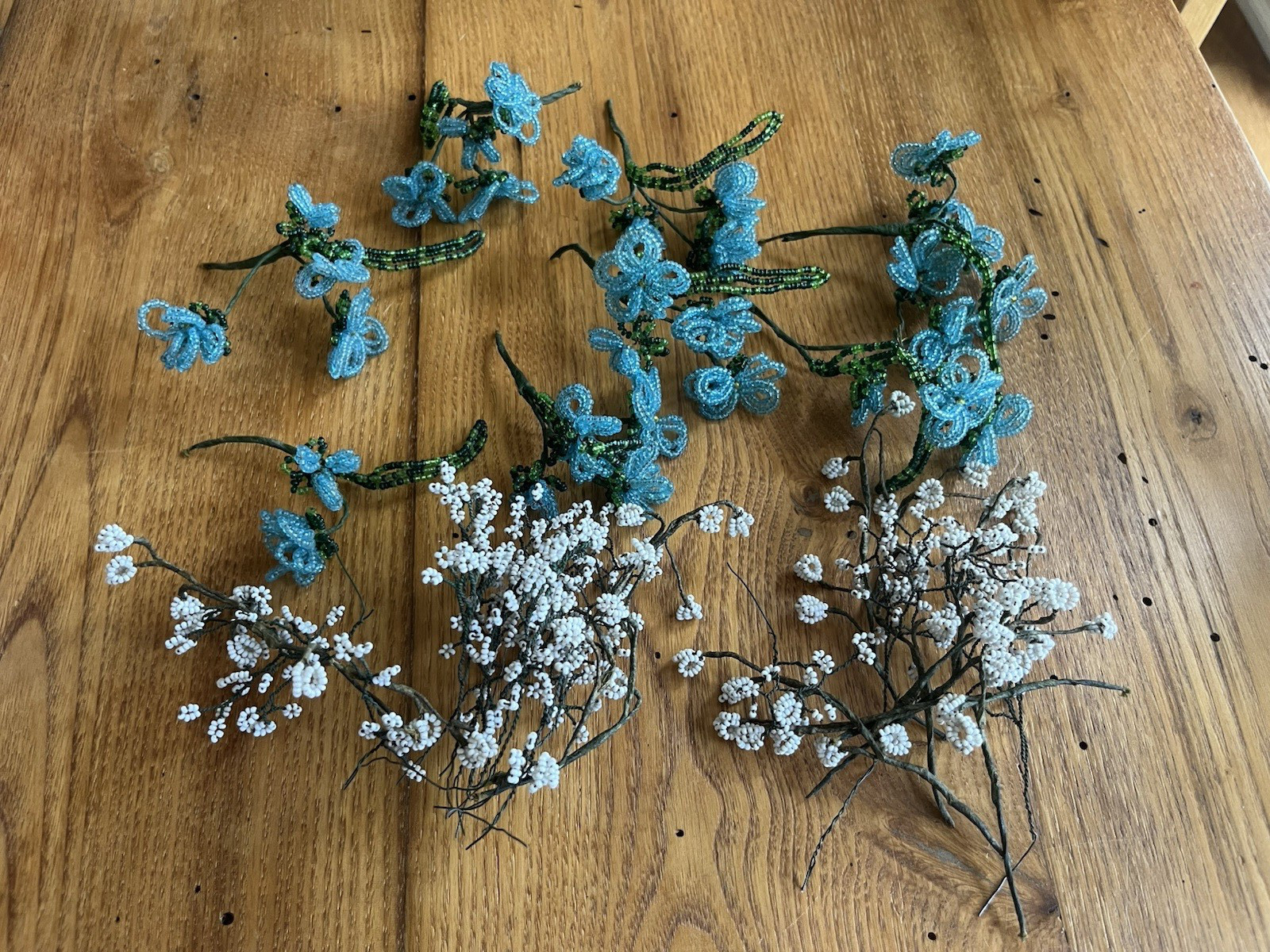 Antique GORGEOUS OLD Vintage French WHITE & BLUE GLASS BEADED FLOWERS 1930s Antique GORGEOUS OLD Vintage French WHITE & BLUE GLASS BEADED FLOWERS 1930s