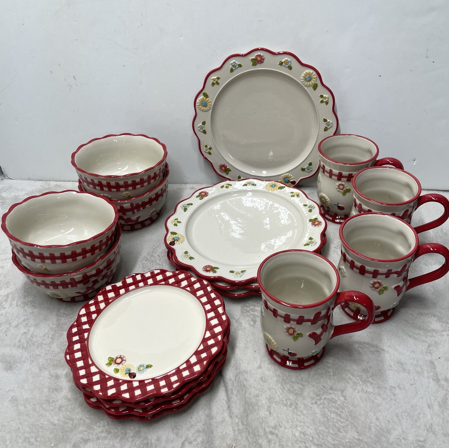 Temptations 16pc Service for 4 RED Gingham Garden Plates Bowls Mugs Ladybug NEW*