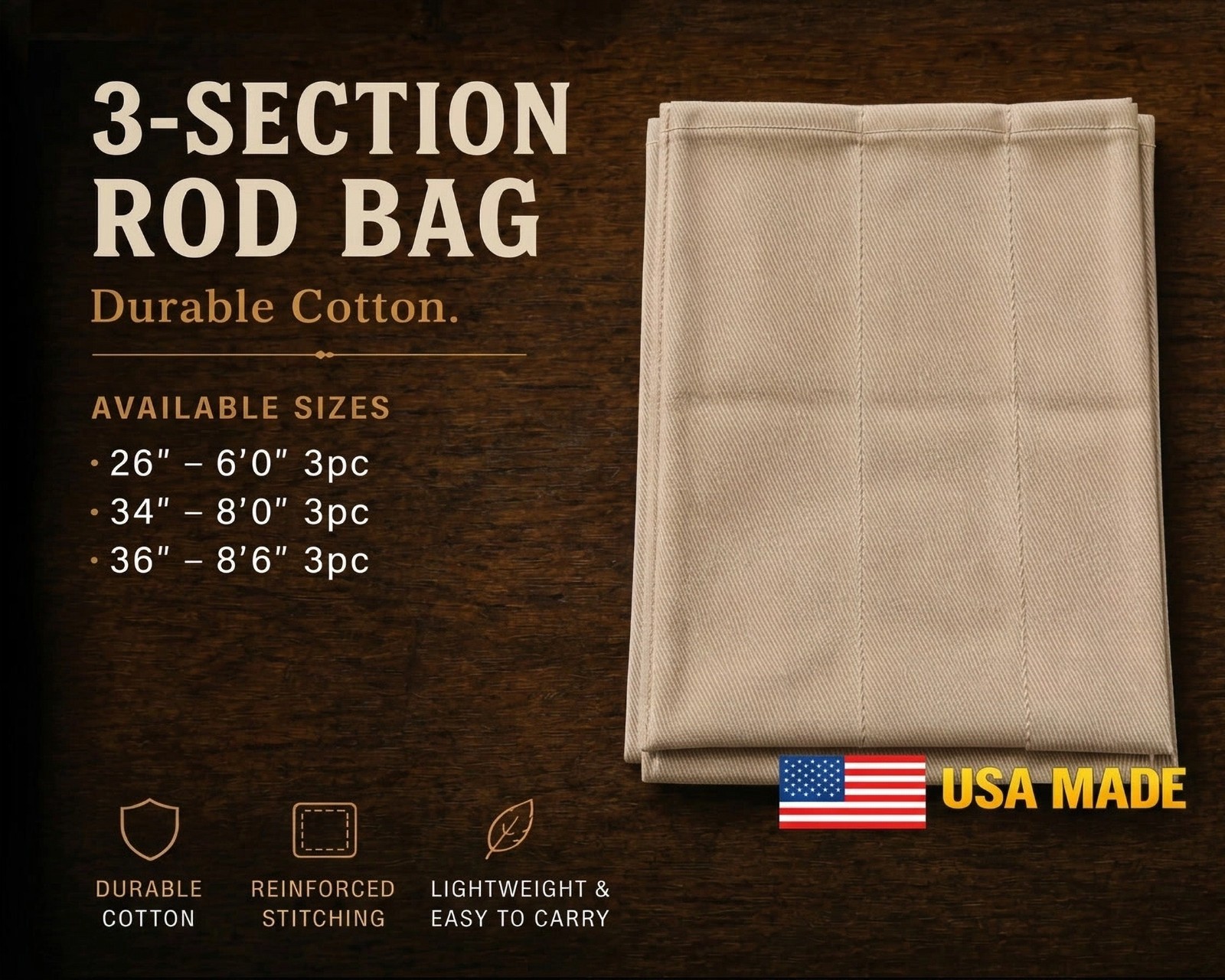 Khaki Cloth Rod Bag – Fits 3pc Fly Rods - Fly Rod Sock  - 2 sizes - USA