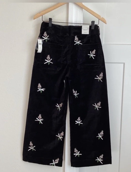 $198 Maeve Anthropologie Petite Colette Black Velvet Embroidery Floral Pant 30P