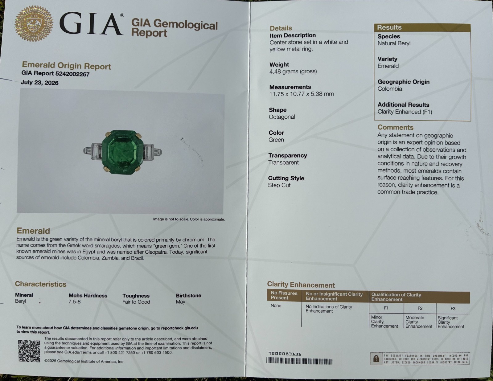5 Carat Emerald. F1 Clarity, Columbia Origin, Untreated, Green, Octagonal.