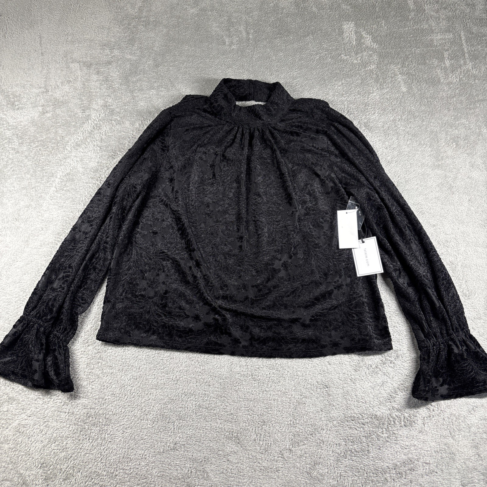 NWT  1.STATE Women\'s High-Neck Open-Back Long-Sleeve Blouse Floral Black Large
