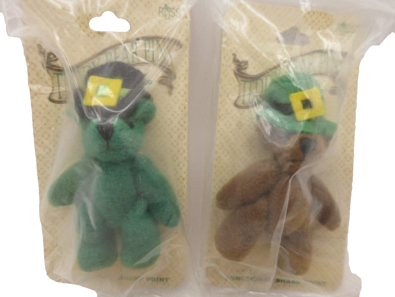 NOS Vtg Russ Teddy Bear Pin Fully Jointed Green Leprechaun Hat  19058 Lot of 2