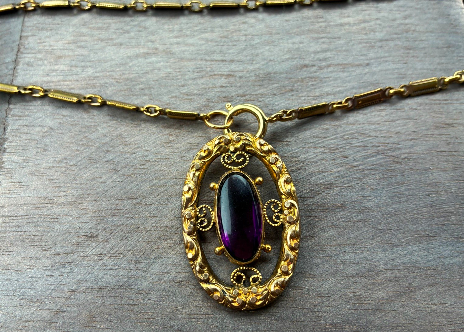 Antique Victorian 1800’s amethyst ornate scroll gold fill pendant large on chain
