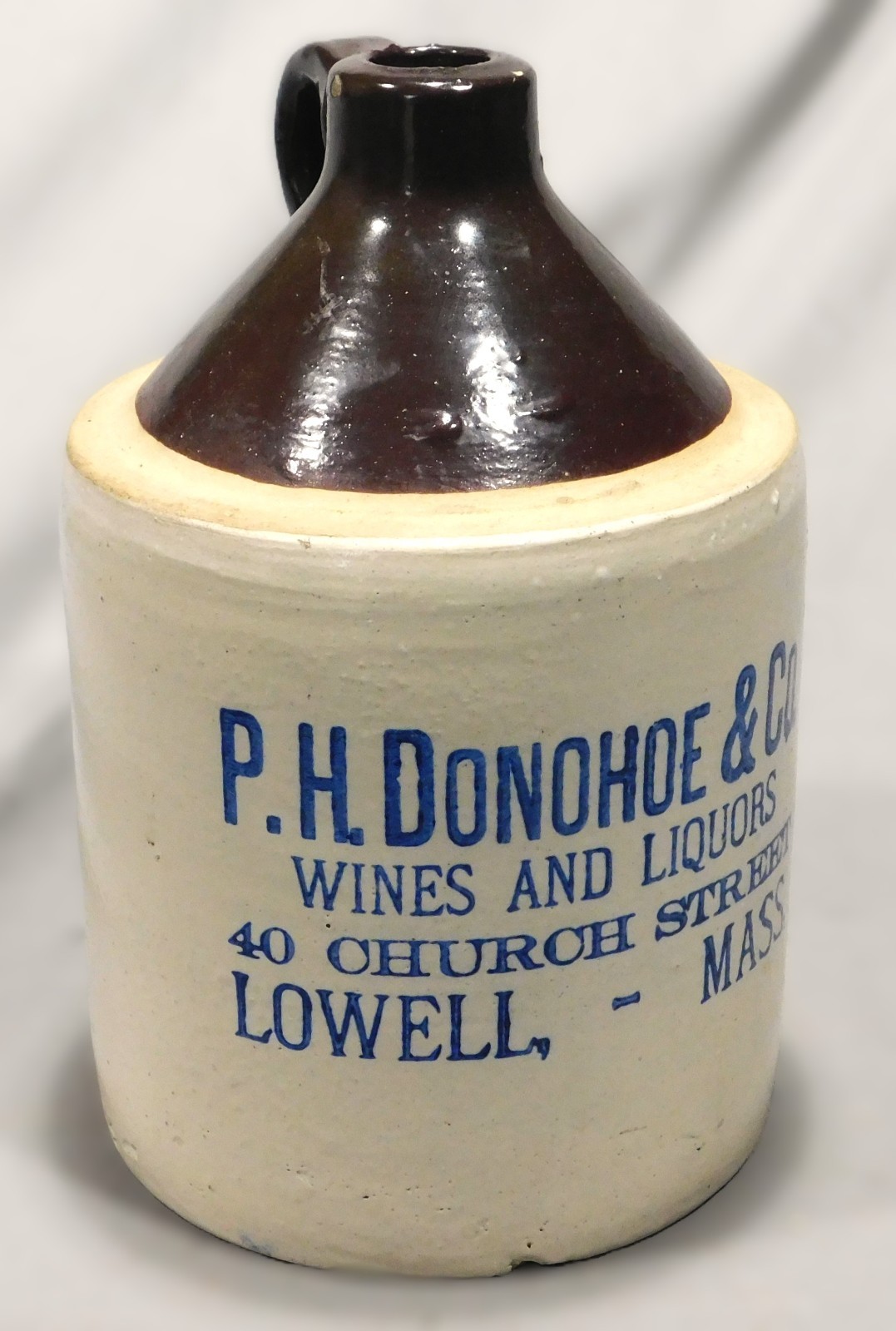 Antique P H Donohoe Lowell MA Stoneware Whiskey Jug Cobalt Advertising wine