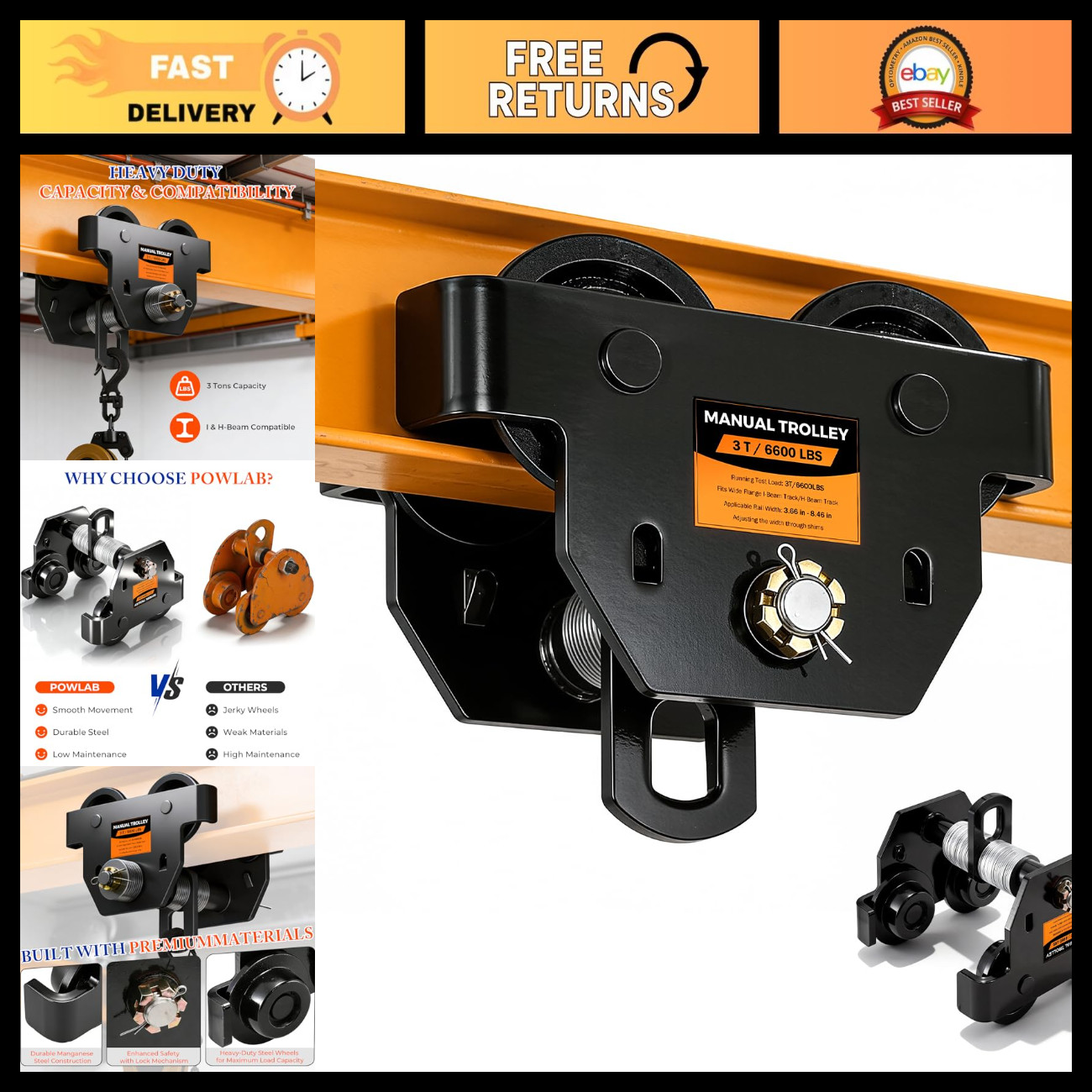 3 Ton Manual Adjustable I Beam Trolley Hoist - Heavy Duty Lifting Equipment