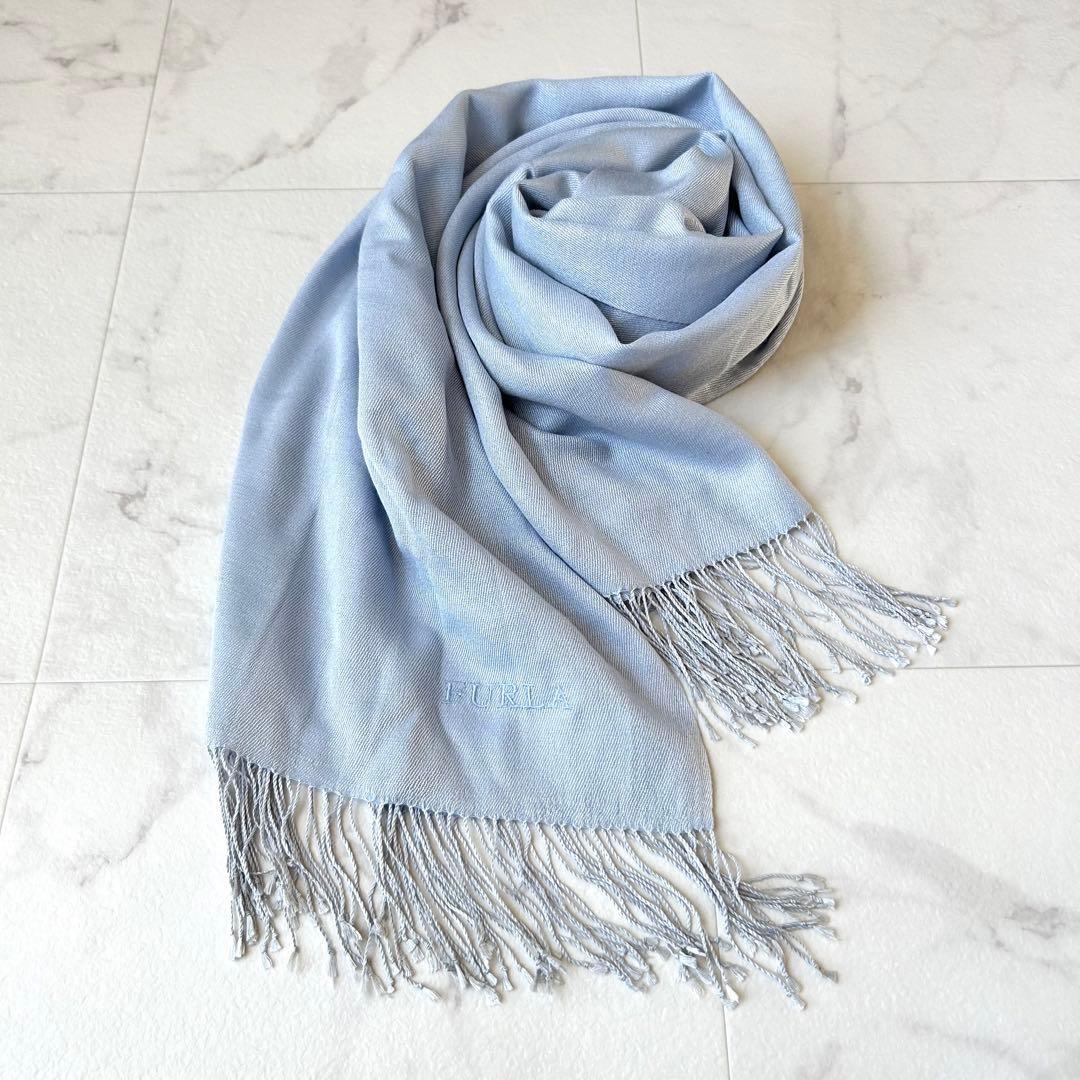 FURLA Cashmere Silk Stole Light Blue Grey Moonbat