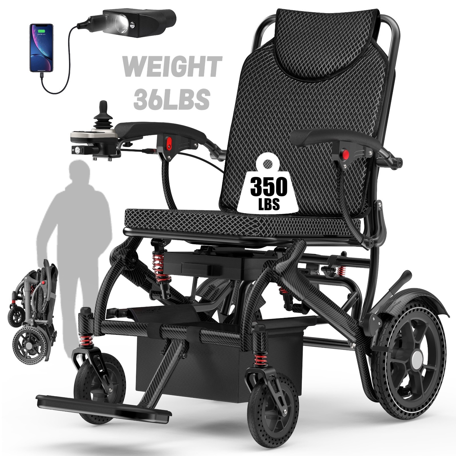 36LB Lightweight Foldable Electric Wheelchairs for Adults 350LB Airline Approved