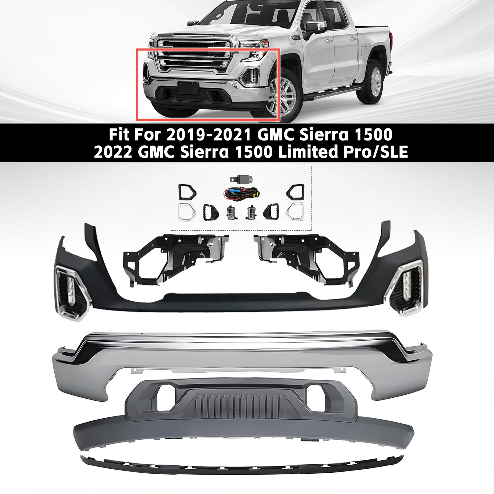 For 2019-2021 GMC Sierra 1500 & 2022 Limited Front Bumper Cover Kit w/ Fog Light